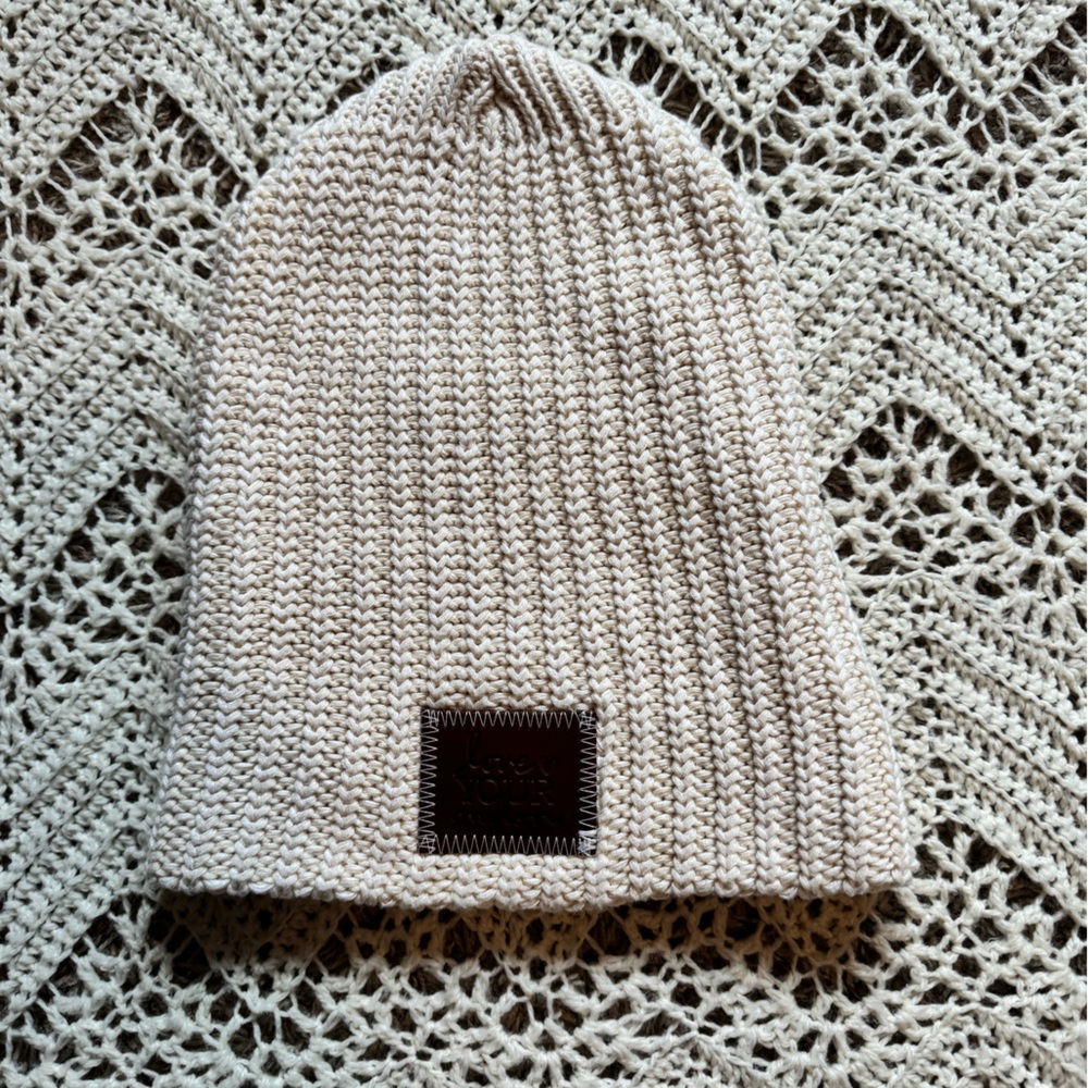 Love Your Melon Two Pack Tan Knit Beanie & White Knit Beanie Thick Crochet - Picture 4 of 8
